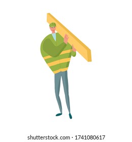 Construction worker with timber on the shoulder in protective hat. Vector illustration for construction company website or banner.