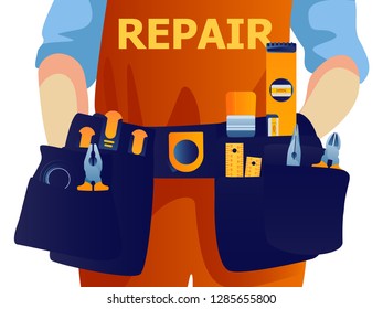 Construction Worker With Tool Belt. Vector Flat Style Illustration Repairman Isolated. Template For Banner Website.