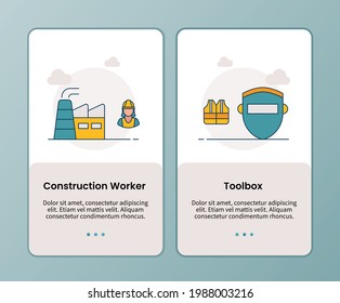 construction worker tool box campaign for onboarding mobile apps application banner template with filled color style
