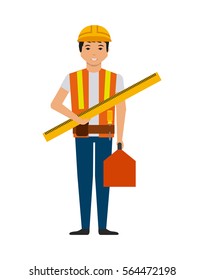 construction worker with a toolbox cartoon icon over white background. colorful design. vector illustration