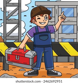 Construction Worker with a Toolbox Colored Cartoon