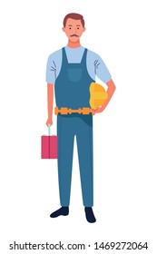 Construction worker with toolbox and helmet cartoon ,vector illustration graphic design.