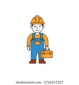 Trabajador de construcción con caja de herramientas en un ambiente de oficina vibrante - Ilustración de dibujos animados