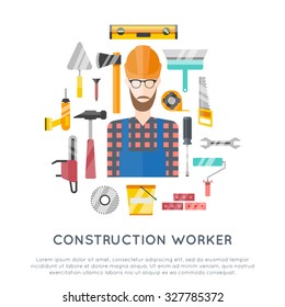 construction worker with tools flat vector illustration. engineer in construct helmet 