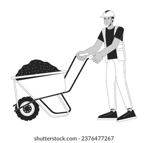 Construction worker transporting concrete on wheelbarrow cartoon flat illustration. Hardhat contractor pushing cart 2D lineart character isolated. Building monochrome scene vector outline image