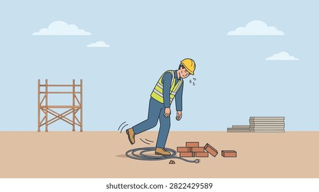 Construction worker tripping over a cable on a hazardous building site, illustrating workplace safety concerns and potential accidents.