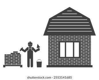 Bauarbeiter mit Kelle in der Hand baut Ziegelhaus Symbol