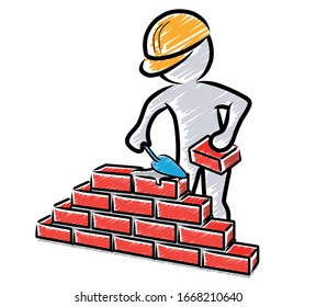 Construction worker with trowel and mortar builds a wall / hatched vector drawing