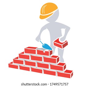 Construction worker with trowel and mortar builds a wall / vector / flat design