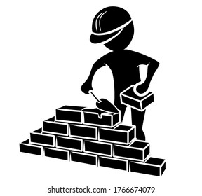 Construction worker with trowel and mortar builds a wall / flat design / vektor / icon