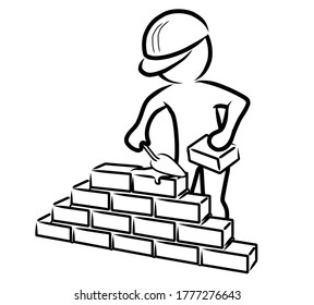 Construction worker with trowel and mortar builds a wall / contour vector drawing 