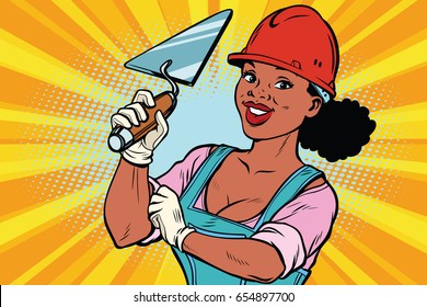 Construction worker with trowell. Woman professional