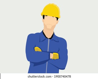 Construction worker in uniform and hat.