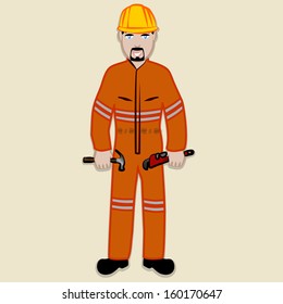 construction worker in uniform and helmet, holding some working tools