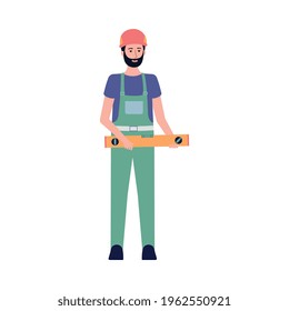 Trabajador de construcción en uniforme y casco con herramienta de nivel en las manos, ilustración vectorial plana aislada en fondo blanco. Carácter para el logotipo de la empresa de construcción.