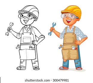 Construction worker in uniform standing with a wrench in his hands. Funny cartoon character. Vector illustration. Isolated on white background. Coloring book. Color and black and white image