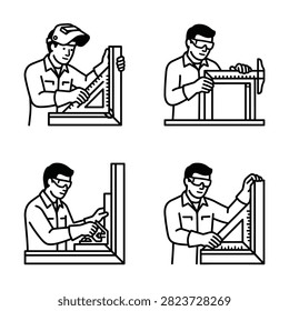 A construction worker uses a measuring tool and a square to mark a metal frame for cutting and assembly