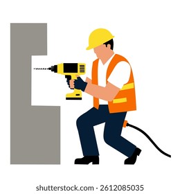 A construction worker using a drill on a wall for building or repair purposes.