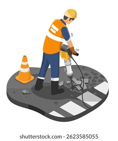 Construction worker using electric jackhammer to break asphalt pavement during road maintenance operation in safety gear with traffic cone isometric
