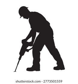 Construction worker using jackhammer silhouette. Industrial labor, heavy machinery, road repair, building renovation, professional builder icon.