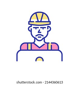 Construction worker using laptop. Pixel perfect, editable stroke fun color icon