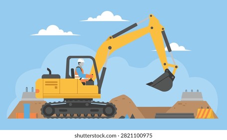 Construction worker using yellow excavator at building site with blue sky.