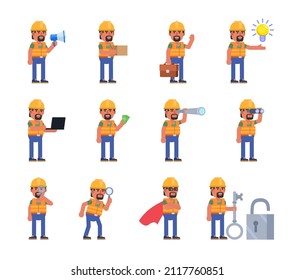 Construction worker in various situations. Cheerful builder holding megaphone, big key, laptop, idea and showing other actions. Modern vector illustration