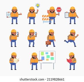 Construction worker in various situations. Cheerful builder holding document, stop sign, reading book, talking on phone and showing other actions. Modern vector illustration