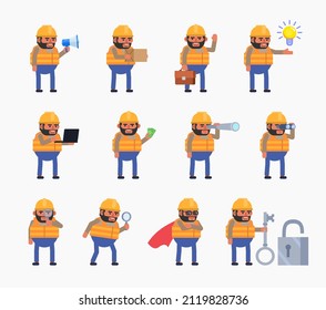 Construction worker in various situations. Cheerful builder holding megaphone, big key, laptop, idea and showing other actions. Modern vector illustration