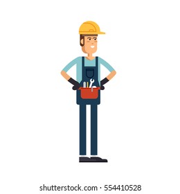 Construction worker vector flat character. Young man friendly smiling worker in workwear overalls standing isolated and holding building tools. Buildin specialist ready for work