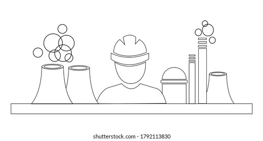 Construction, Worker Vector Icon. Line Art Of Silhouette Nuclear Power Plant. Cooling Tower, Emblem Of Factory Isolated On White Background For Logo, Business Card