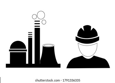 Construction, Worker Vector Icon. Silhouette Of A Nuclear Power Plant. Cooling Tower, Emblem Of Factory Isolated On White Background For Logo, Business Card