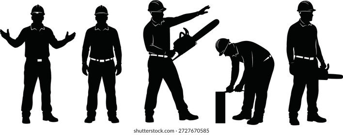 Ilustração vetorial do trabalhador da construção, silhuetas de homens vestindo capacetes de segurança, segurando ferramentas, usando motosserra, trabalho, pé, conceito de trabalho, industrial, ocupação, profissão, projeto do trabalho