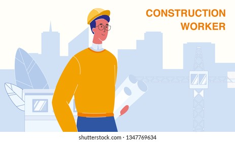 Construction Worker Vector Web Banner Template. Young Male Foreman. Engineer in Protective Helmet. Under Construction. Flat Character. Architector, Inspector. Buildings, Crane Silhouettes