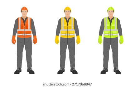 Bauarbeiter mit Westenhandschuhen und Helm, Vektorgrafik einzeln auf weißem Hintergrund.