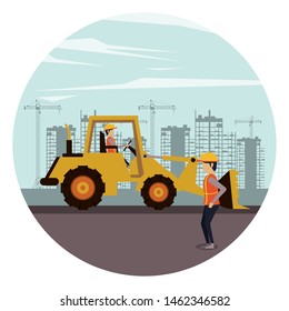 Construction worker with vest and helmet using tools and machinery, under construction buildings and people. vector illustration graphic design