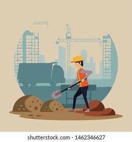 Construction worker with vest and helmet using tools and machinery, under construction buildings and people. vector illustration graphic design