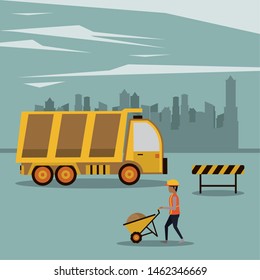 Construction worker with vest and helmet using tools and machinery, under construction buildings and people. vector illustration graphic design