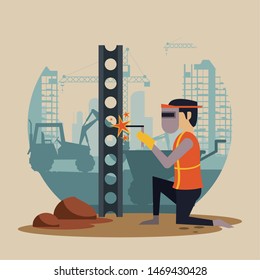 Construction worker with vest and helmet using tools and machinery, under construction buildings and people. vector illustration graphic design
