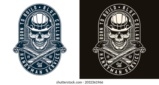 Construction Worker Vintage Badge In Monochrome Style With Skull In Builder Helmet And Crossed Hammers Isolated Vector Illustration