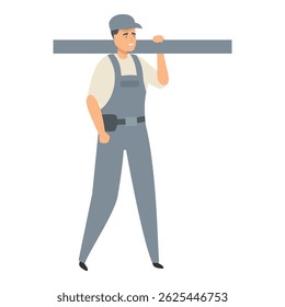 Construction worker walking and carrying a metal pipe on his shoulder