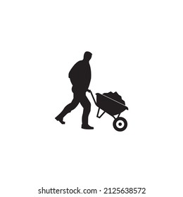 Construction Worker Walking With Wheelbarrow Vector Silhouette Illustration.