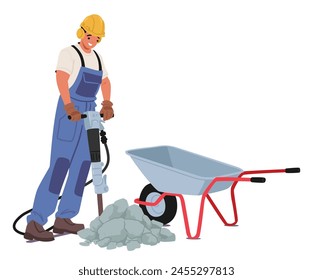 Trabajador De La Construcción Usando Ropa Exterior Azul Con Martillo En Las Manos Trabajando Cerca De Una Carretilla. Personaje masculino del constructor o del contratista en el sitio de construcción o la reparación de la carretera. Ilustración vectorial de Personas de dibujos animados