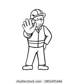 Construction Worker Wearing Face Mask Showing Stop Hand Signal Black and White Cartoon 