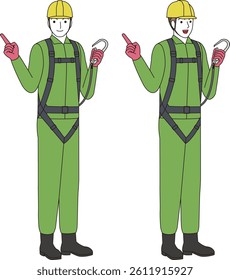 A construction worker wearing a full harness and lanyard. Smiling man