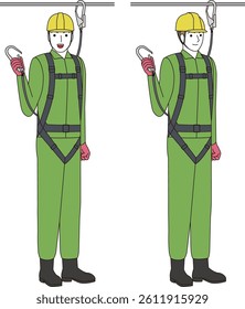 A construction worker wearing a full harness and lanyard. Smiling man