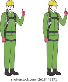 A construction worker wearing a full harness and lanyard to prevent falls. Smiling woman