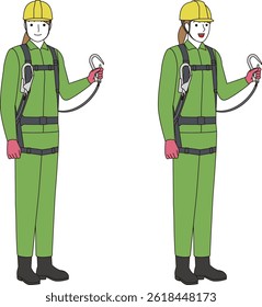 A construction worker wearing a full harness and lanyard to prevent falls. Smiling woman