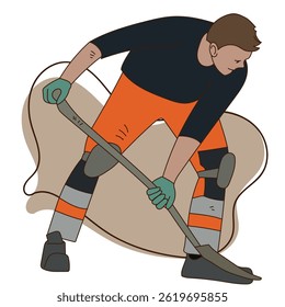 A construction worker wearing full PPE is shoveling cement. He wears a dark blue shirt, orange reflective pants, knee pads, gloves, and safety boots,  in illustration vector and isolated white