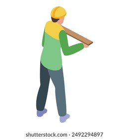 Construction worker wearing a hard hat is carrying a wooden plank on a construction site